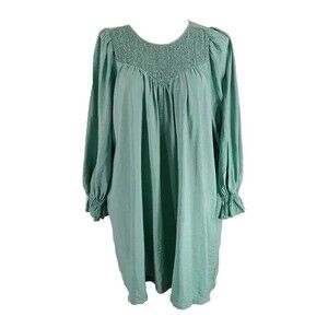 A New Day Dress XXL Green Smocked Tie Shift Long Sleeve‎ Ruffle Pockets 2XL